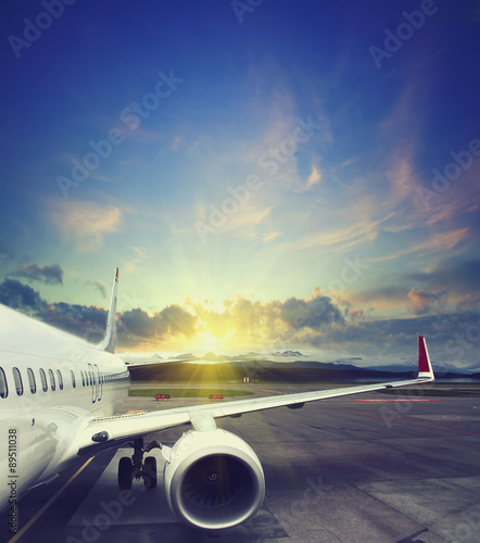 airplane wing at airport. vintage business travel concept. Vintage style picture