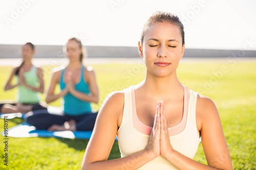 Peaceful sporty brunette doing yoga with her friends