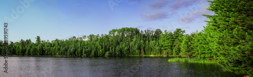 A panoramic image of Lost Lake in Voyageurs National Park, Minnesota, USA.