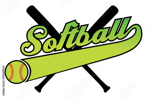 Softball With Banner and Ballr is an illustration of a softball design with a softball, bats and text. Includes a tail or ribbon banner for your own team name or other text.
