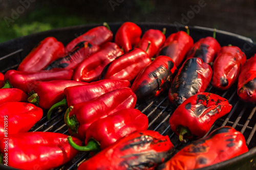 Baked red capsicum or bell peppers on grill