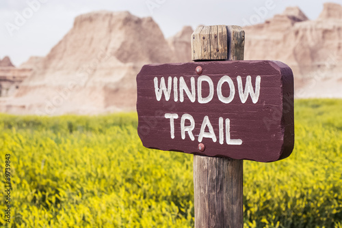 A trail sign at Badlands National Park in the Black Hills of South Dakota, USA.