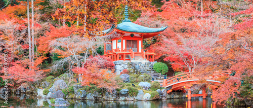 The leave change color of red in Temple japan.
