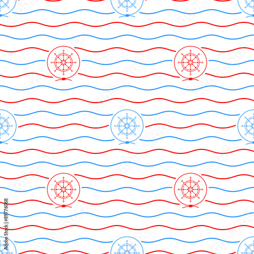 Seamless Pattern withShip's Wheel Emblem, Blue and Red Ship's Wheel on a Background of Red and Blue Waves,Seamless Pattern with Marine Element for Web Design or Wallpaper or Fabric