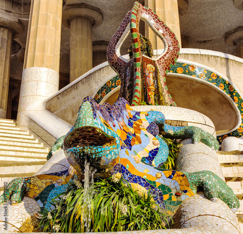 Colorful mosaic ceramic dragon fountain Gaudi