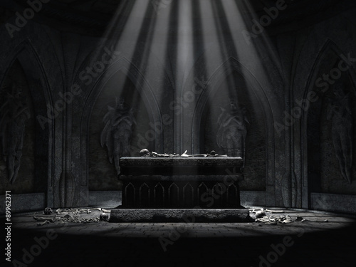 Ciemny ołtarz w krypcie cmentarnej z czaszkami i kośćmi leżącymi na podłodze