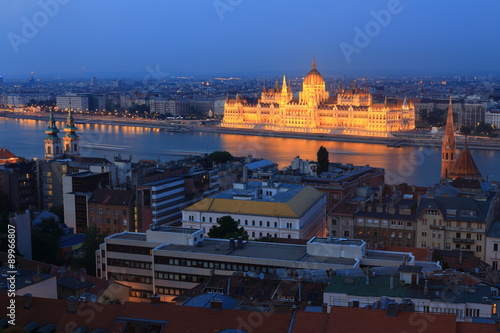View of the historic center of Budapest and the Parliament at sunset, Hungary