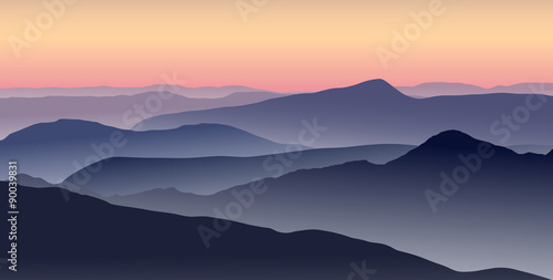 Vector illustration of a misty sunrise in the blue mountains