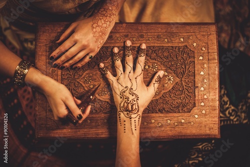 Drawing process of henna menhdi ornament on woman's hand