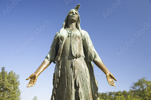 Pocahontas Statue, by William Ordway Partridge, erected in 1922, representing Pocahontas the favorite daughter of Powhatan, who ruled the Powhatan Confederacy. She was born about 1595, probably at Werowocomoco 16 miles from Jamestown and died in Gravesend, England, 1617. Photograph taken on the 400th anniversary of the Jamestown Colony, May 2007.