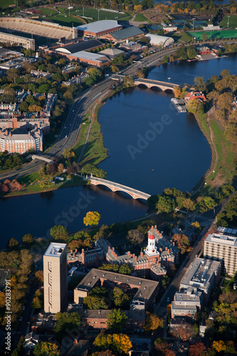 AERIAL VIEW of Charles River with John W. Weeks bridge crossing into Cambridge and Harvard.