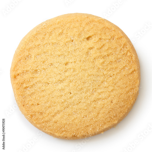 Single round shortbread biscuit isolated on white from above.