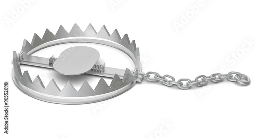 Bear trap with chain on white, close-up view