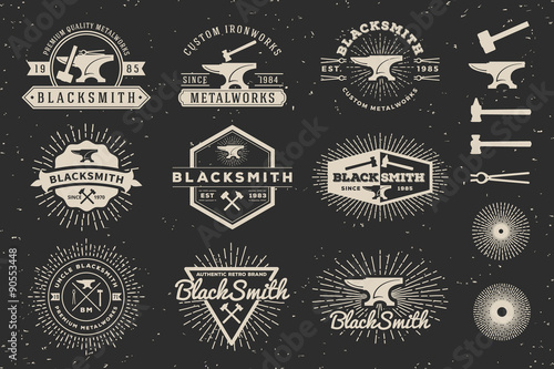 Set of Modern Vintage Blacksmith and Metalworks insignia logotype Template Design with anvil, hammer, star burst. Vector illustration