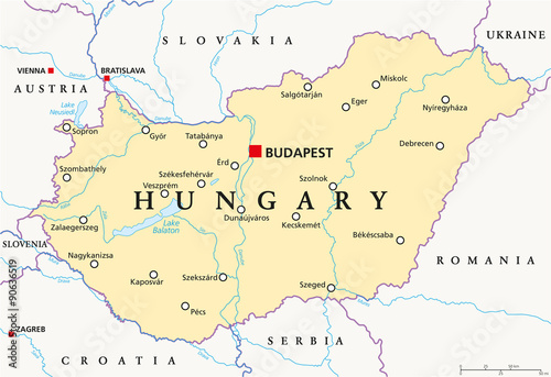 Hungary political map with capital Budapest, national borders, important cities, rivers and lakes. English labeling and scaling. Illustration.