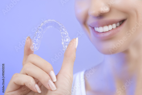 Teeth Whitening - Smiling girl with Tooth Tray, Close-up