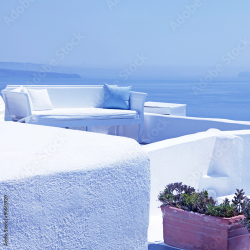 The sea view terrace with white sofa, Santorini, Greece