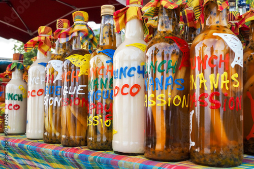 Assortment of rhum bottles at the market