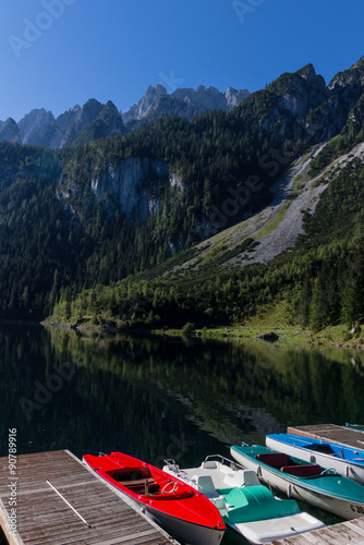 Beautiful landscape of mountains and lake on summertime, Gosausee lake, Alps, Austria, Europe.