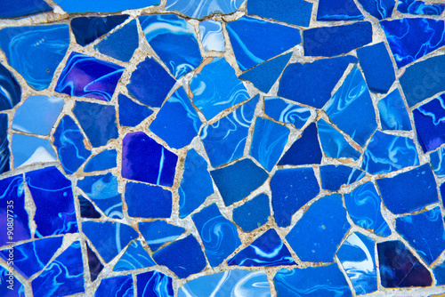 Detail of bright blue ceramic mosaics, Parc Guell