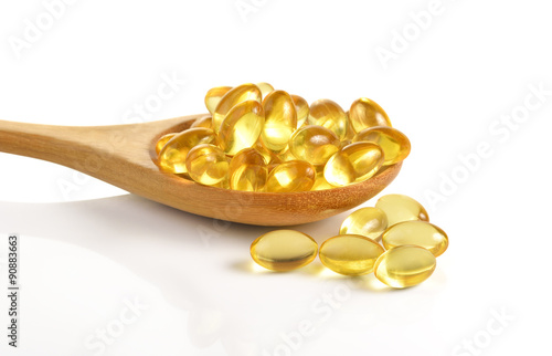 Cod liver oil omega 3 gel capsules isolated on white background