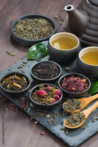 assortment of fragrant dried teas and green tea on wooden table