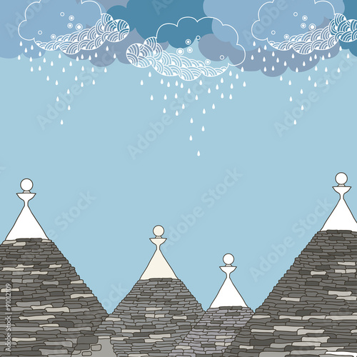 Conical roofs of the Trulli under rainy cloud