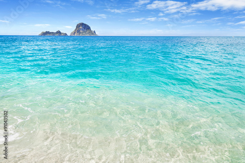 White sand beach and clear blue water, Ibiza, Spain