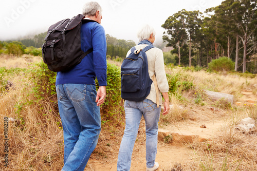 Senior couple walking together in a forest, close-up back view