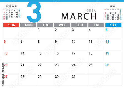 planning calendar simple template March 2016