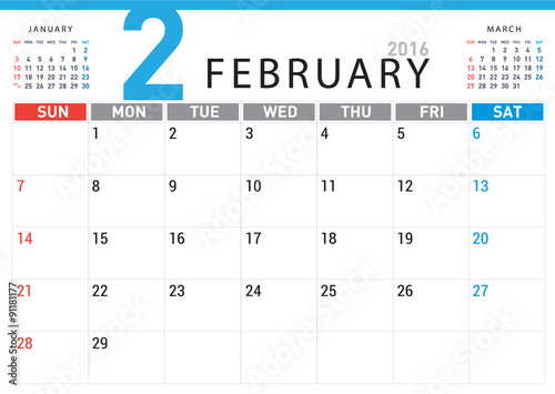 planning calendar simple template February 2016