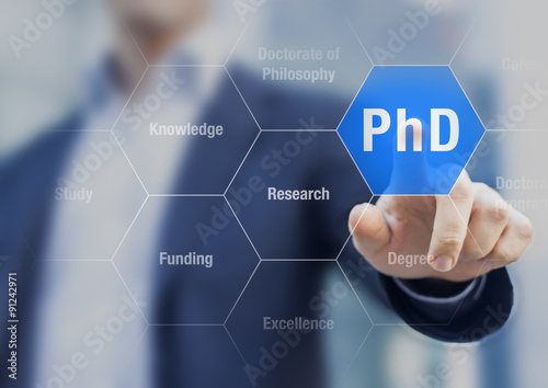 PhD student pushing button about Doctorate of Philosophy concept