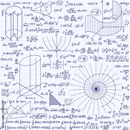 Mathematical vector seamless pattern with geometrical figures, plots and equations, "handwritten on the grid copybook paper". Endless mathematical texture