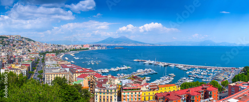 Panorama of Naples, view of the port in the Gulf of Naples and Mount Vesuvius. The province of Campania. Italy.