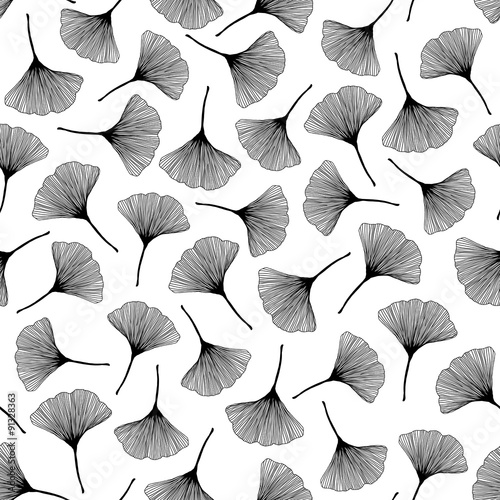 Monochrome texture with ginkgo leaves. Seamless pattern.