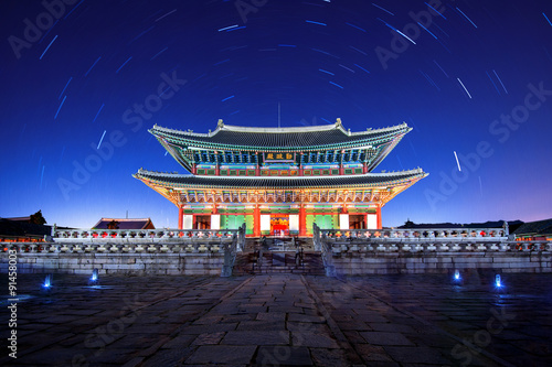 Gyeongbokgung Palace with Star trails at night in seoul,Korea.