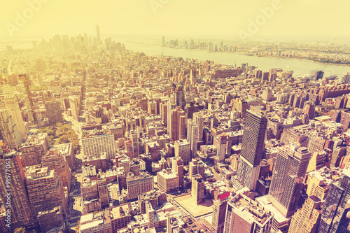 Vintage filtered picture of sunset over Manhattan, USA.