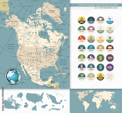 North America map. Retro Colors