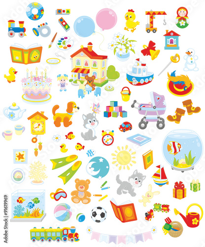 Set of funny vector toys, pets, gifts and other objects on a white background