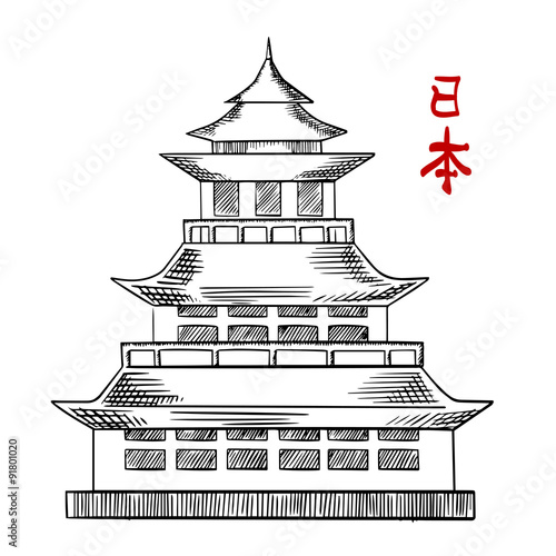 Japanese old pagoda tower sketch