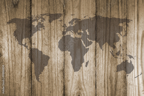 world map on wooden texture