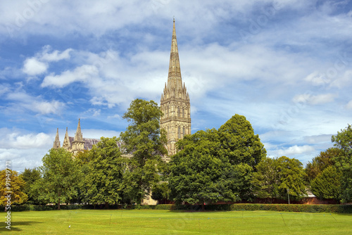 Salisbury Cathedral and park on sunny day, South England