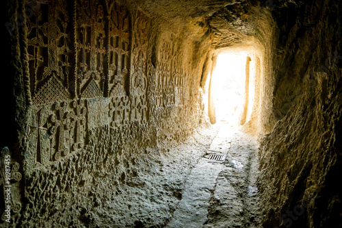 corridor carved in stone, Geghard monastery, Armenia