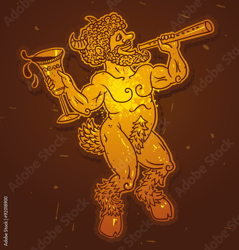 Vector gold satyr with a glass and flute on a brown background.