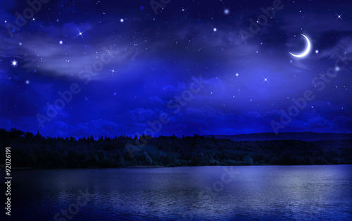 Night starry sky over the forest and the river