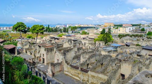 ruins of herculaneum destroyed by vesuvius volcano are less famous than ruins of pompeii, but nevertheless they also create compact area of former buildings attracting thousands of tourist every year