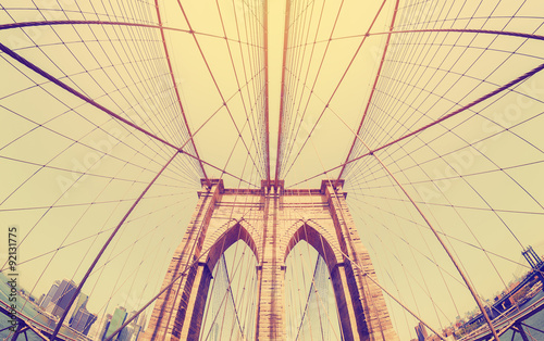 Vintage filtered fisheye picture of Brooklyn Bridge, NYC.