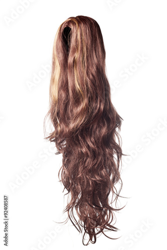 long curly brown wig on a white background