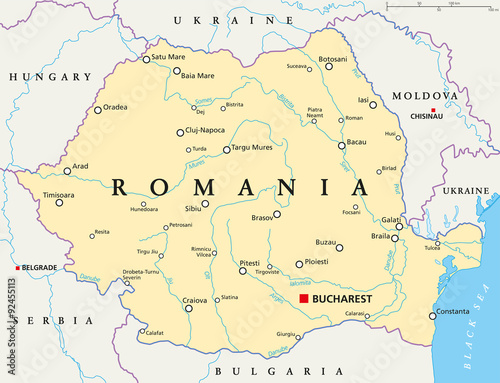 Romania political map with capital Bucharest, national borders, important cities, rivers and lakes. English labeling and scaling. Illustration.