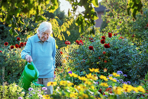 Elderly woman watering the garden